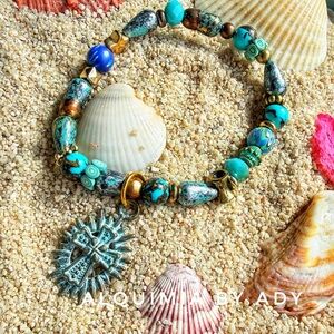 🌵💙 Turquoise & Gold Gemstones Charm Bracelet — Protection + Peace